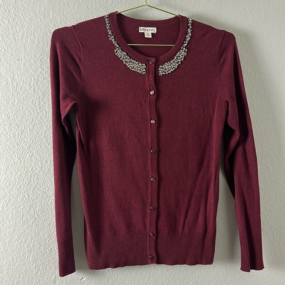 Merona Brand Maroon Red Jeweled Collar Button Up Cardigan